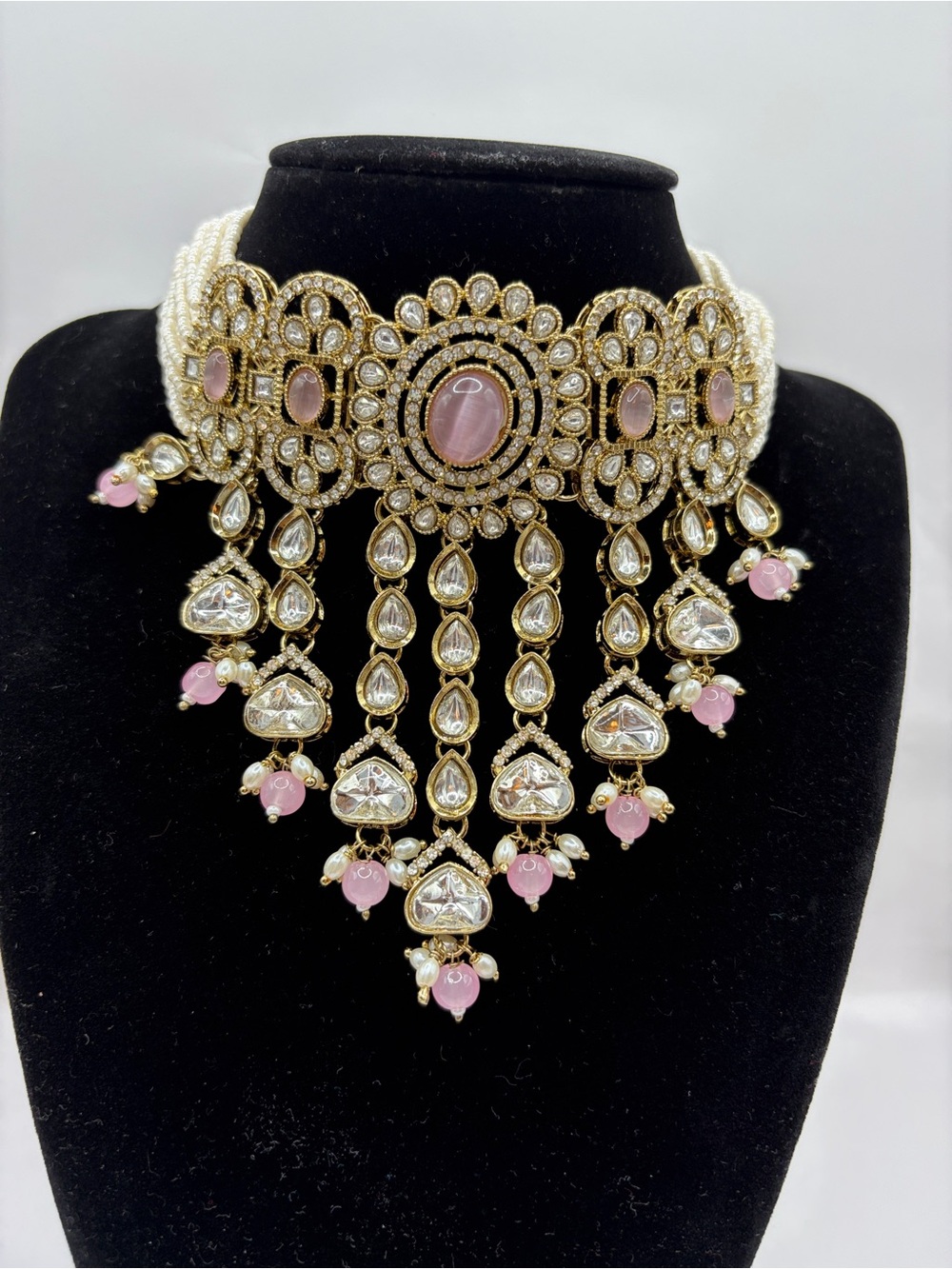 Kundan Gold and Pink Waterfall statement Choker Necklace Set